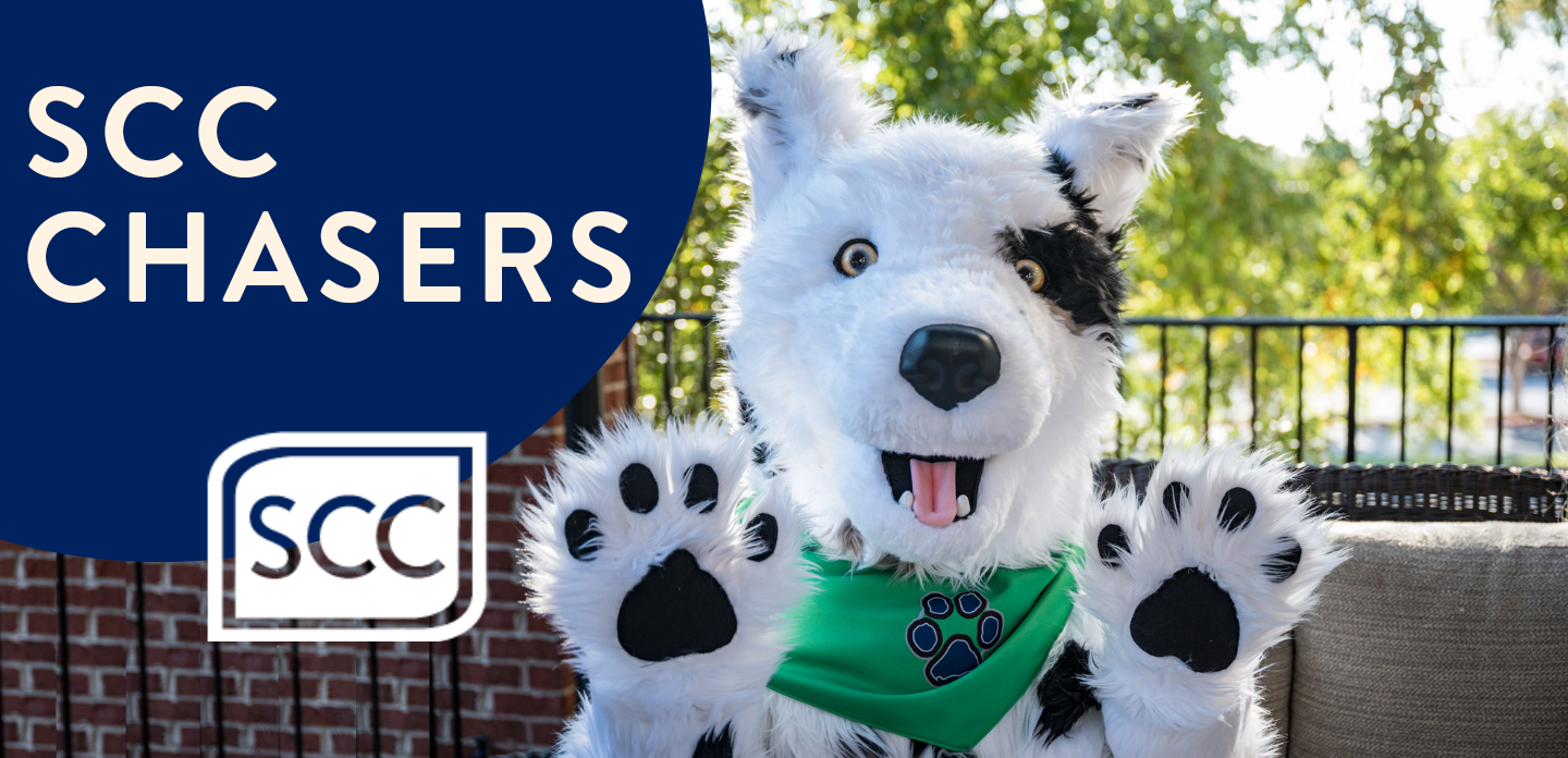 Image of Chaser the mascot with SCC Chasers text