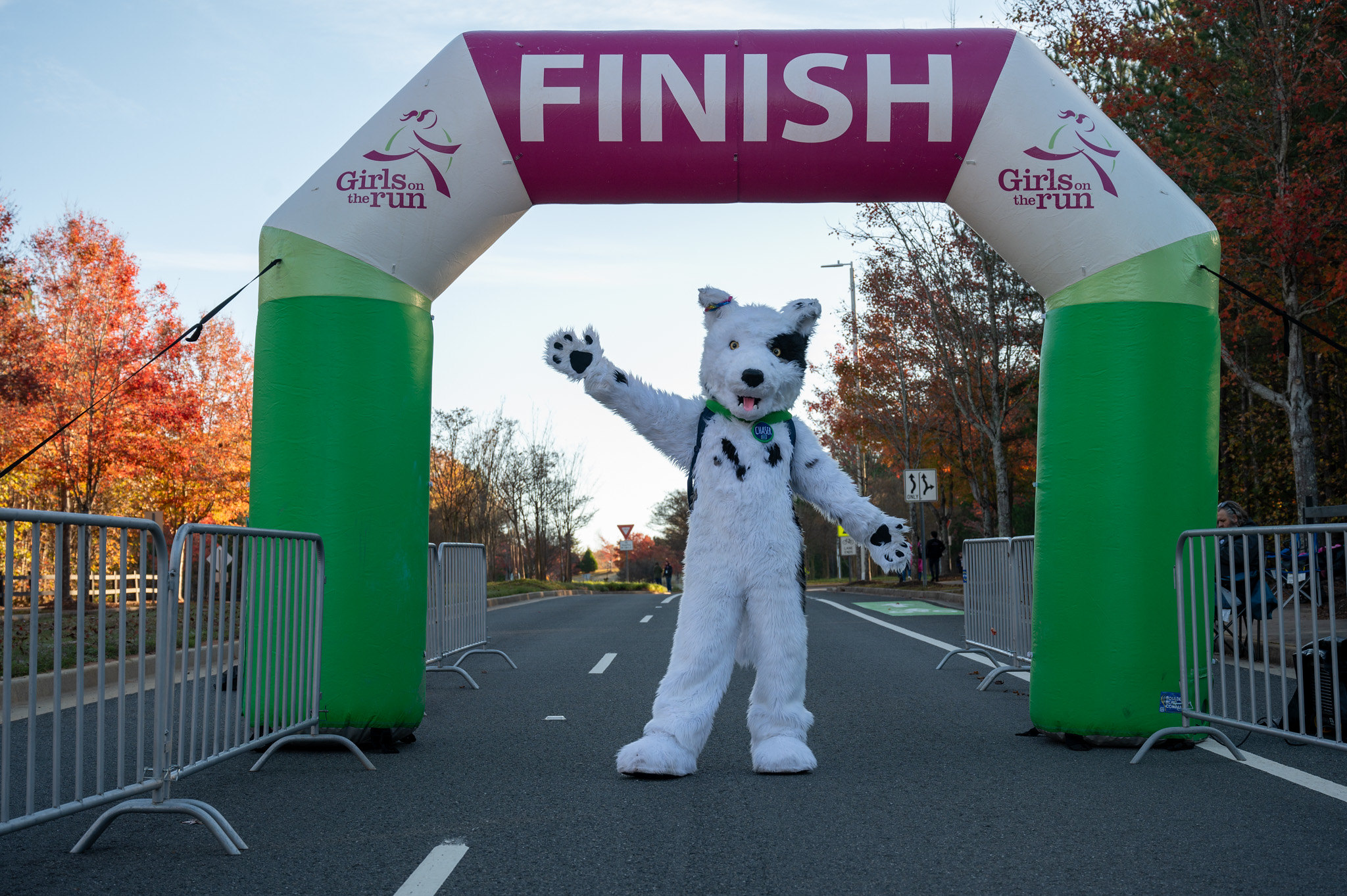 SCC mascot Chaser at finish line at Girls on the Run